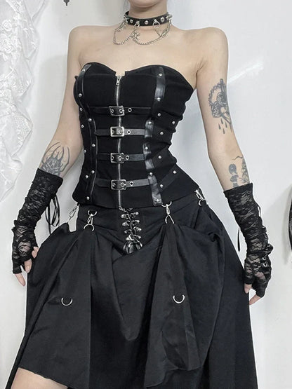 Alt Goth Crop Zipper Harajuku Gothic PU Patchwork Top