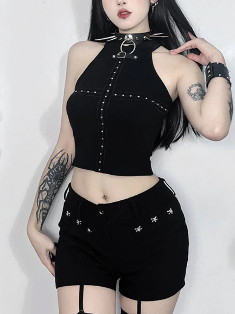 Streetwear Gothic Black Dark Cyber Punk Patchwork Cross Alt Crop Top