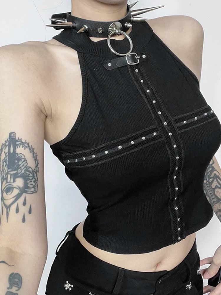 Streetwear Gothic Black Dark Cyber Punk Patchwork Cross Alt Crop Top