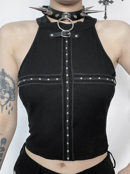 Streetwear Gothic Black Dark Cyber Punk Patchwork Cross Alt Crop Top