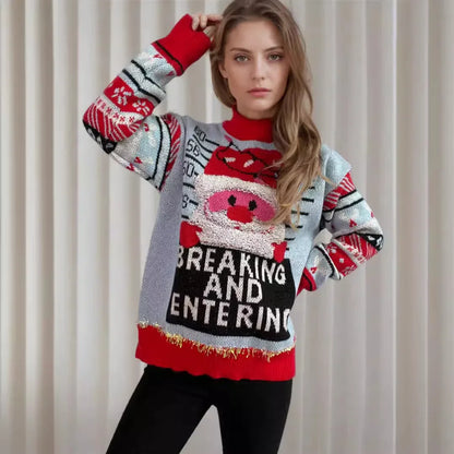 Jacquard Knit Thick Crew Neck Christmas Old Man Sweater Sweaters-L