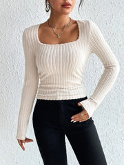 Retro Thick Pit Strip Waist Slimming Pleated Long Sleeve T-shirt Women knittop-250126
