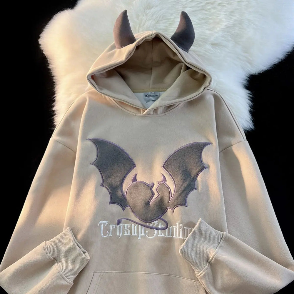 Bat Embroidery Harajuku Hoodie white / M