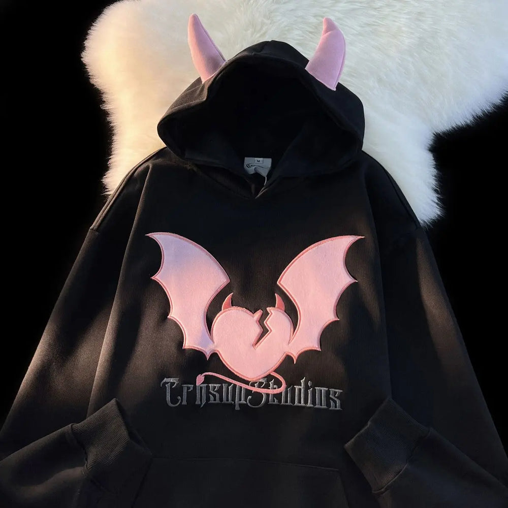 Bat Embroidery Harajuku Hoodie black / M