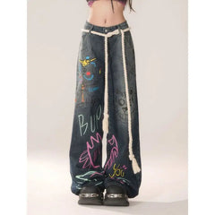 Graffiti Vintage High Waist Jeans Pants Blue / S
