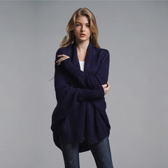 Oversized Sweater Knitted Patchwork Batwing Sleeves Cardigan Navy Blue / One Size