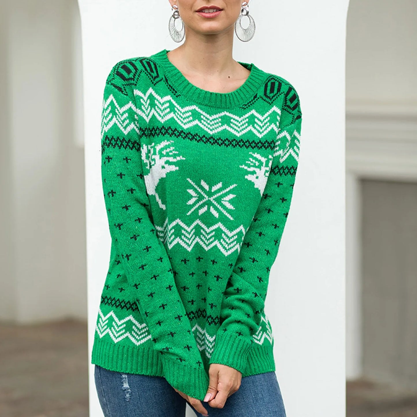 Round Neck Geometric Pattern Printed Xmas Christmas Party Green Sweater Sweaters-L