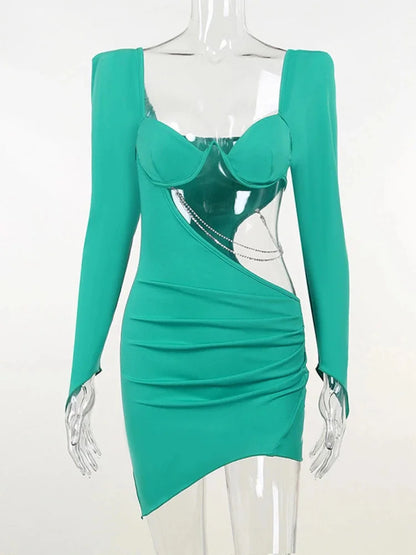 Julia Fashion - Full Sleeve Fashion Green Backless Ruched Mini Dress