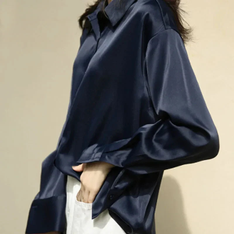 Autumn Button Up Satin Vintage White Blouse blouse-250223