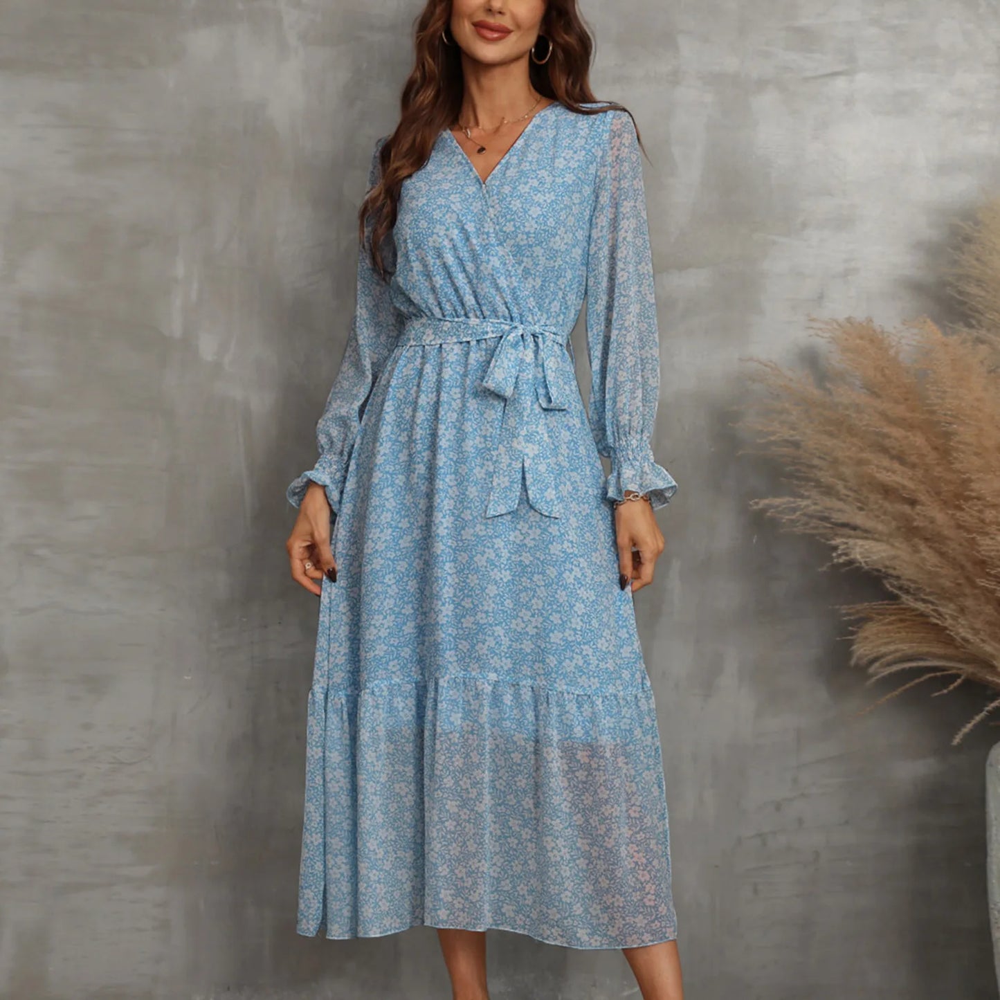 JuliaFashion - Autumn Floral Print Long Maxi Fashion Casual Long Sleeve Wrap V Neck Pleated Belt A Line Flowy 2024 Party Robe Dress