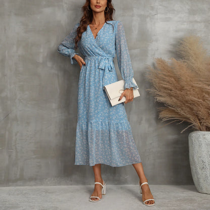 JuliaFashion - Autumn Floral Print Long Maxi Fashion Casual Long Sleeve Wrap V Neck Pleated Belt A Line Flowy 2024 Party Robe Dress