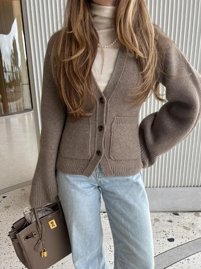 Solid Slim Knit Elegant V-neck Single Breasted Long Sleeve Cardigan