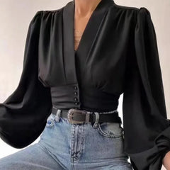 V-neck High Waist Lantern Sleeve Satin Blouse Black / One Size blouse-250126