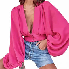 V-neck High Waist Lantern Sleeve Satin Blouse Rose Red / One Size blouse-250126