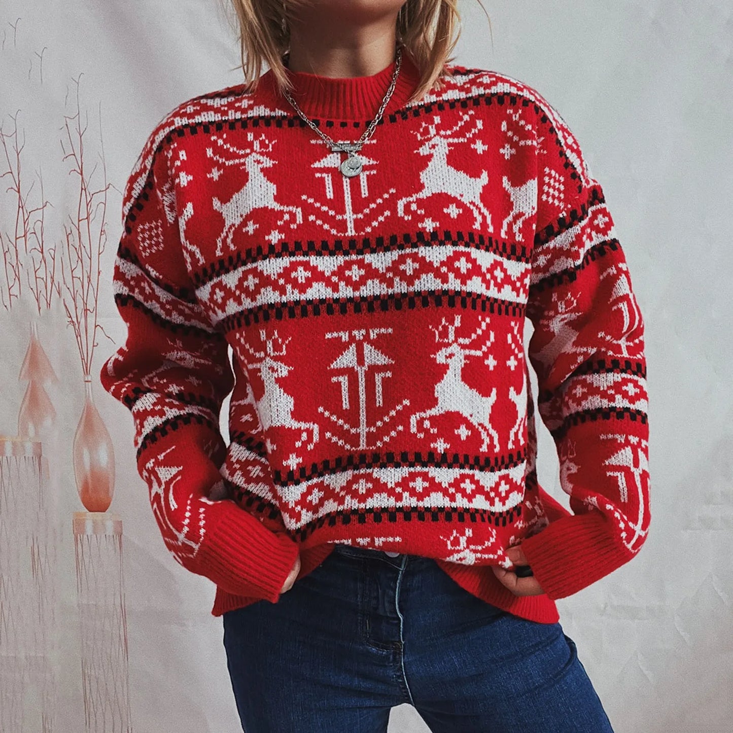 Funny Reindeer Printed Christmas Sweat Womens Sweater Sweaters-L