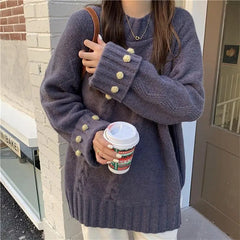 Retro Solid Color Thick Loose Elegant Sweater GRAY / S