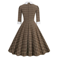 JuliaFashion - Autumn Winter Plaid Print Retro Vintage A Line Party 3/4 Long Sleeve Elegant 40s 50s 60s Pinup Rockabilly With Bow Dress