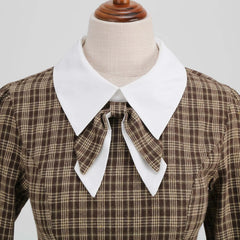 JuliaFashion - Autumn Winter Plaid Print Retro Vintage A Line Party 3/4 Long Sleeve Elegant 40s 50s 60s Pinup Rockabilly With Bow Dress