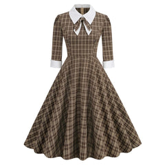 JuliaFashion - Autumn Winter Plaid Print Retro Vintage A Line Party 3/4 Long Sleeve Elegant 40s 50s 60s Pinup Rockabilly With Bow Dress
