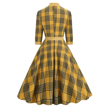 JuliaFashion - Autumn Winter Plaid Turtleneck Retro Pocket Side Dress