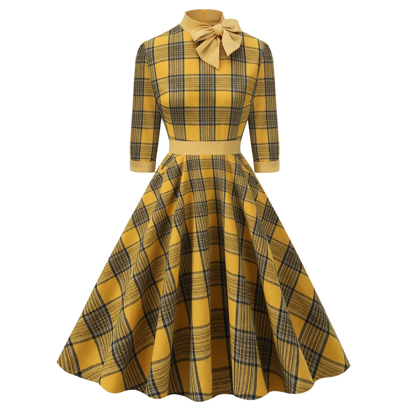 JuliaFashion - Autumn Winter Plaid Turtleneck Retro Pocket Side Dress