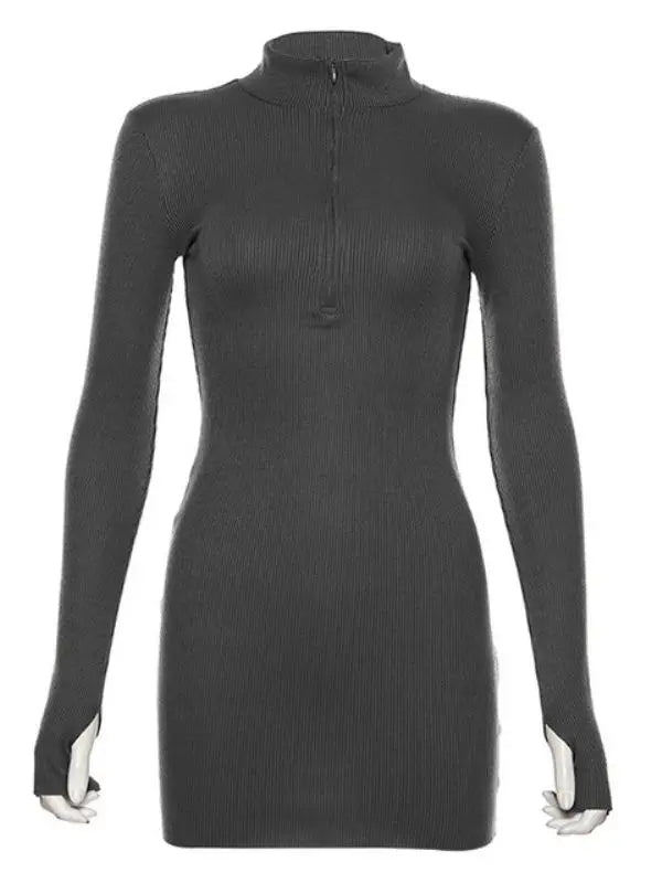 Julia Fashion - Stretch Soft Ribbed Knitted Turtleneck Fashion Solid Mini Dress