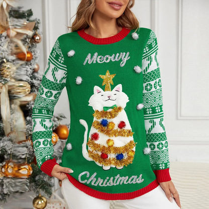 Thicken Warm Ladies Cartoon Casual Loose Pullover Christmas Sweater Green / S Sweaters-L