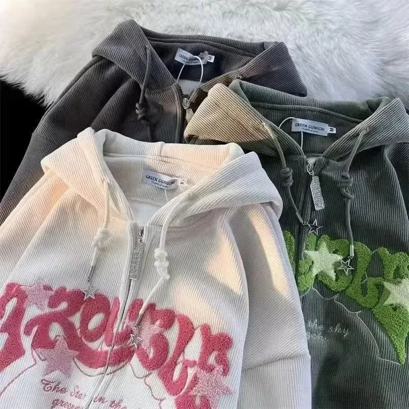Vintage Casual Oversized Embroidery Zipper Hoodie