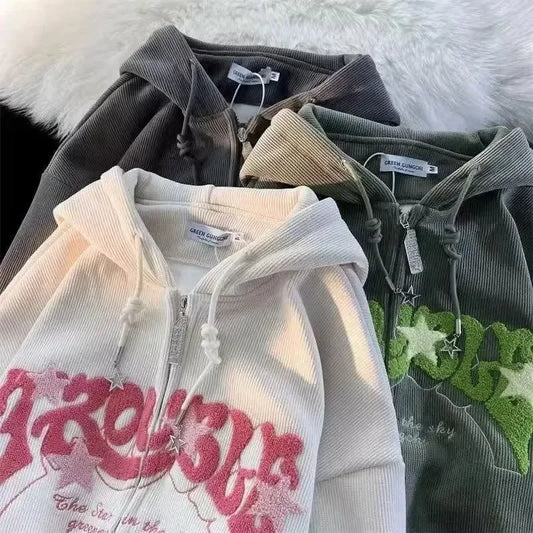 Vintage Casual Oversized Embroidery Zipper Hoodie