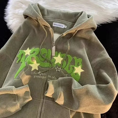 Vintage Casual Oversized Embroidery Zipper Hoodie