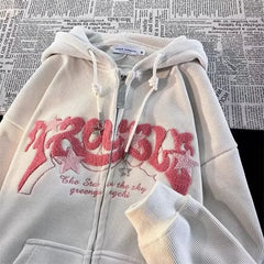 Vintage Casual Oversized Embroidery Zipper Hoodie