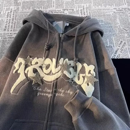 Vintage Casual Oversized Embroidery Zipper Hoodie