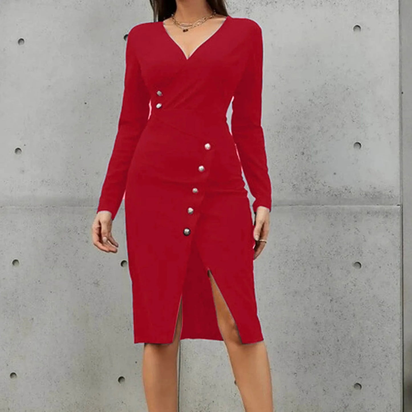 JuliaFashion - Autumn Winter Women Suit Sexy Deep V Neck Slim Hip Split Button Long Sleeved Elegant Office Lady Midi Dress