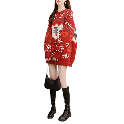 Autumn Winter Christmas Elk Red Oversized Casual Fashion Sweater Sweaters-L