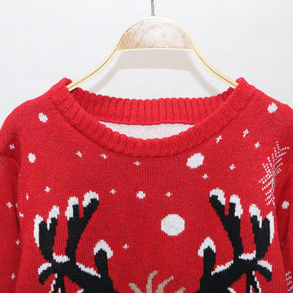 Warm Long Sleeves Fur Collar Cartoon Reindeer Print Christmas Sweater Sweaters-L