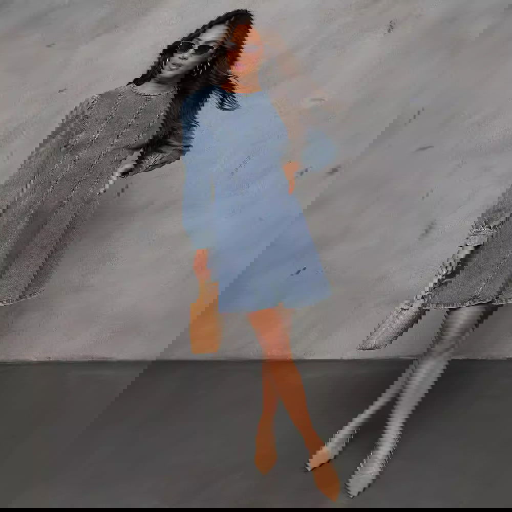 Casual Patchwork Tight Waist Denim Long Sleeve Dress