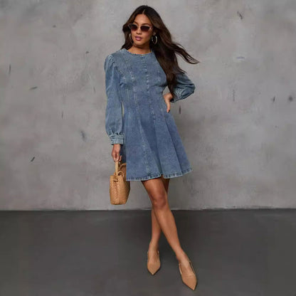 Casual Patchwork Tight Waist Denim Long Sleeve Dress