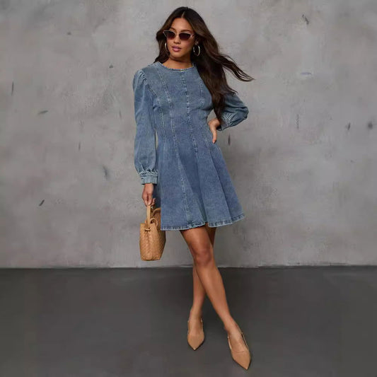 Casual Patchwork Tight Waist Denim Long Sleeve Dress