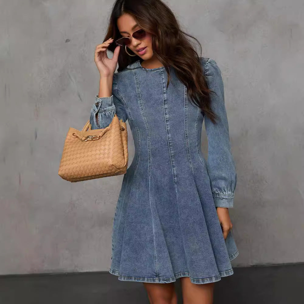 Casual Patchwork Tight Waist Denim Long Sleeve Dress