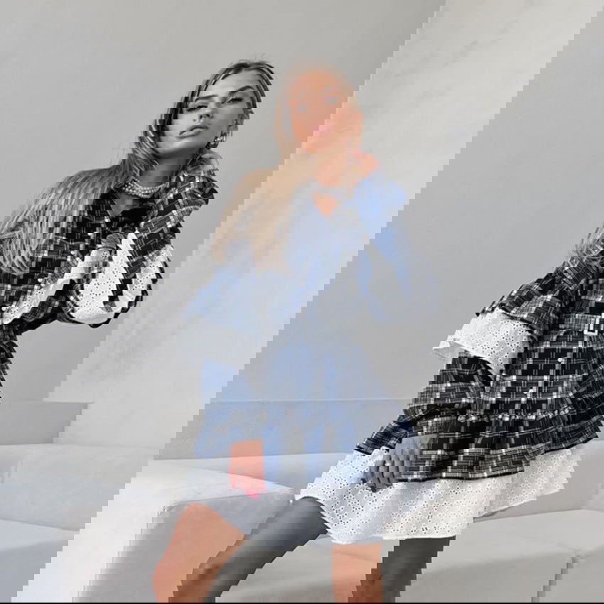 Classic Retro Cool Contrast Color Irregular Asymmetric Ruffled Plaid Long Sleeve Dress High Grade Short for