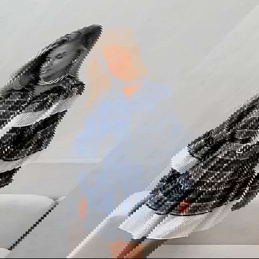 Classic Retro Cool Contrast Color Irregular Asymmetric Ruffled Plaid Long Sleeve Dress High Grade Short for