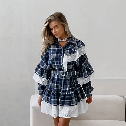 Classic Retro Cool Contrast Color Irregular Asymmetric Ruffled Plaid Long Sleeve Dress High Grade Short for