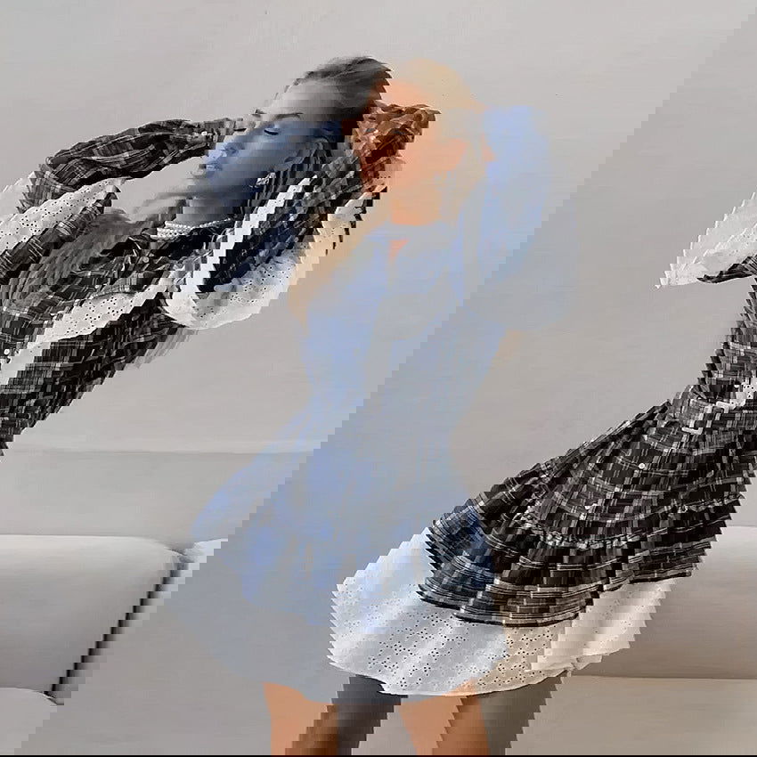 Classic Retro Cool Contrast Color Irregular Asymmetric Ruffled Plaid Long Sleeve Dress High Grade Short for