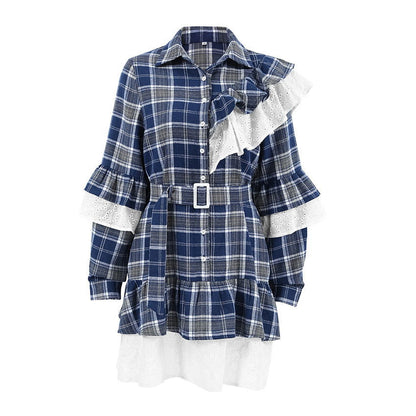 Classic Retro Cool Contrast Color Irregular Asymmetric Ruffled Plaid Long Sleeve Dress High Grade Short for