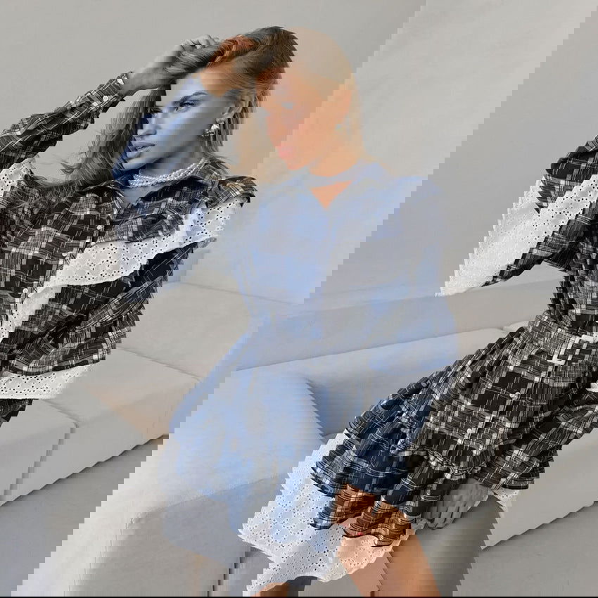 Classic Retro Cool Contrast Color Irregular Asymmetric Ruffled Plaid Long Sleeve Dress High Grade Short for