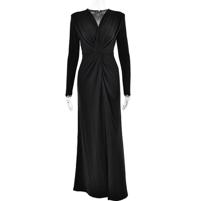 Deep V Plunge neck Long Sleeve High Slit Maxi Dress