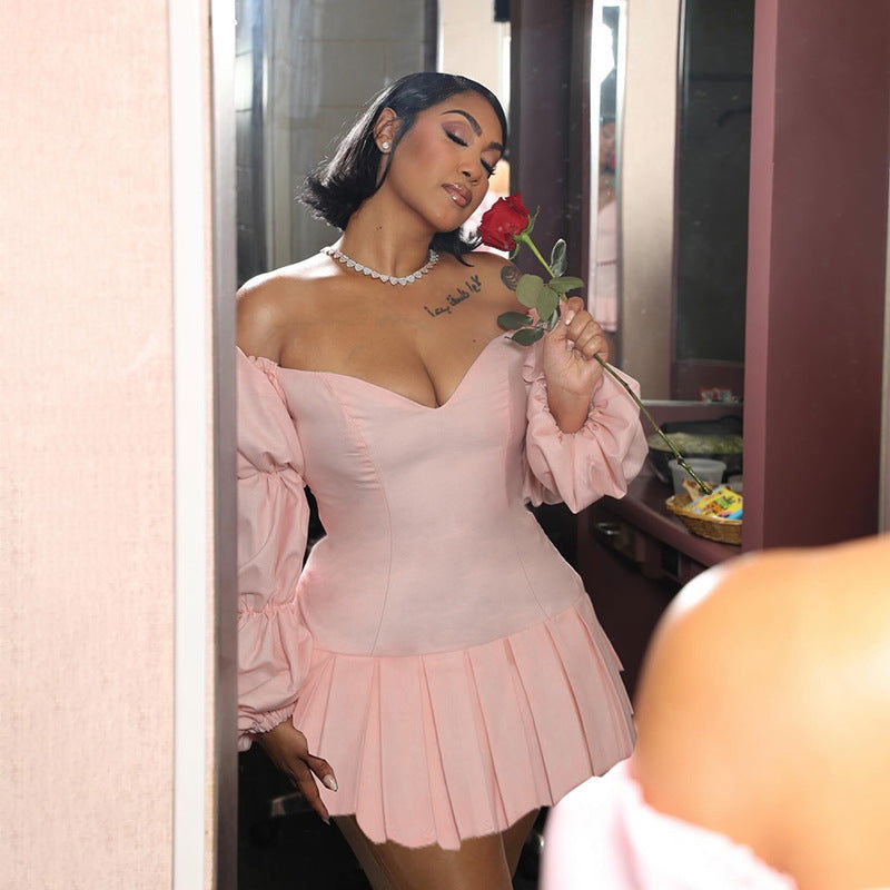 Elegant off the Shoulder Lantern Sleeve Pleated