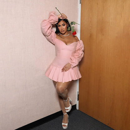 Elegant off the Shoulder Lantern Sleeve Pleated