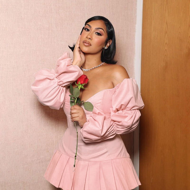 Elegant off the Shoulder Lantern Sleeve Pleated