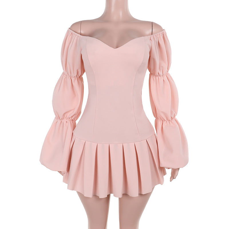 Elegant off the Shoulder Lantern Sleeve Pleated